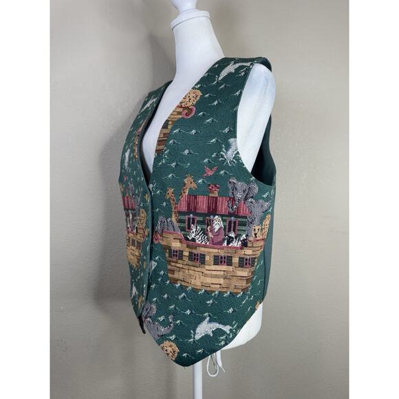 Noahs Ark Vest Handmade Tapestry Animal Scene Christian Green - Picture 3 of 7